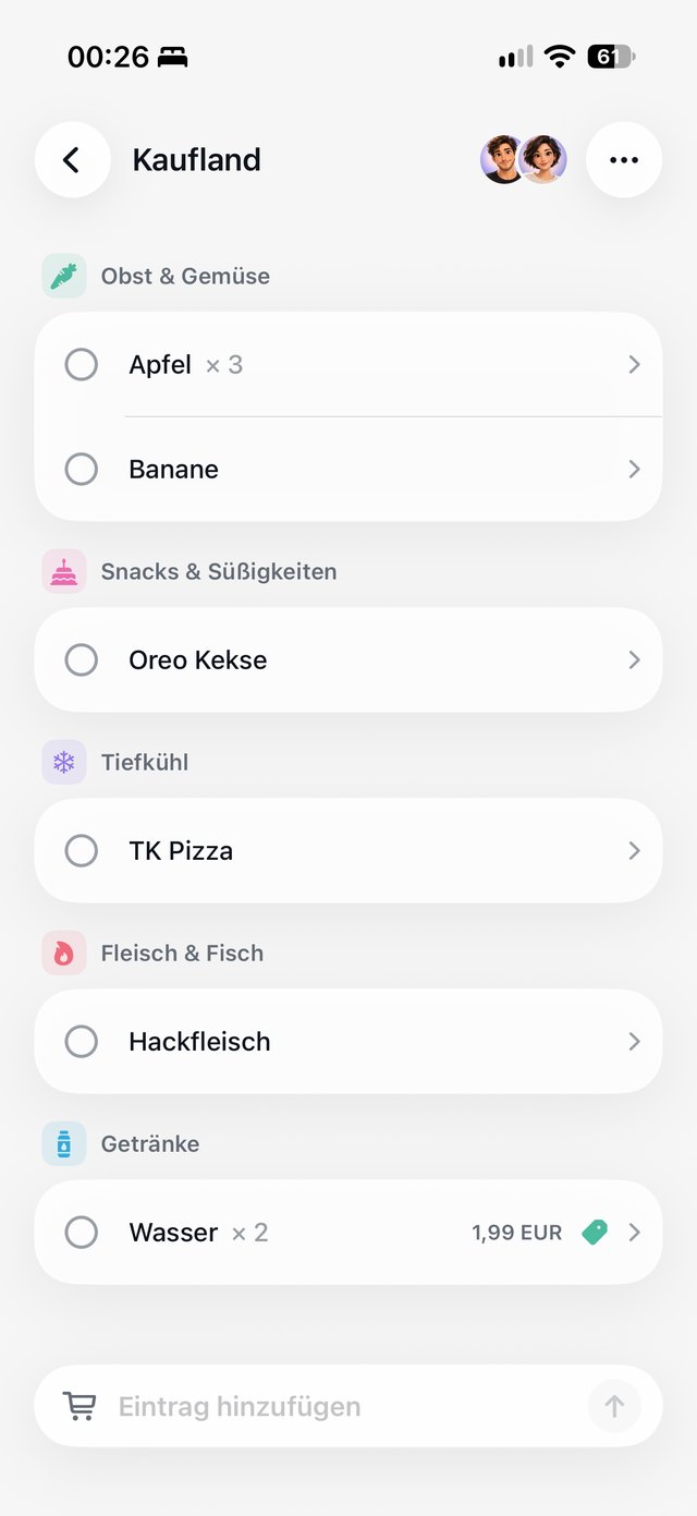 Listify-Einkaufsliste mit automatisch sortierten Kategorien wie Obst & Gemüse, Tiefkühl und Getränke